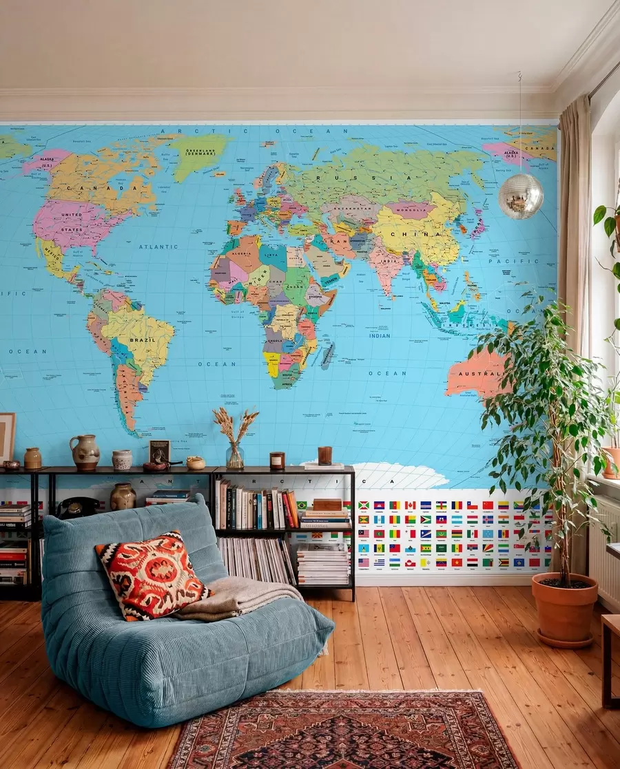 murais de parede Um mapa político do mundo colorido com bandeiras, em inglês c00004en