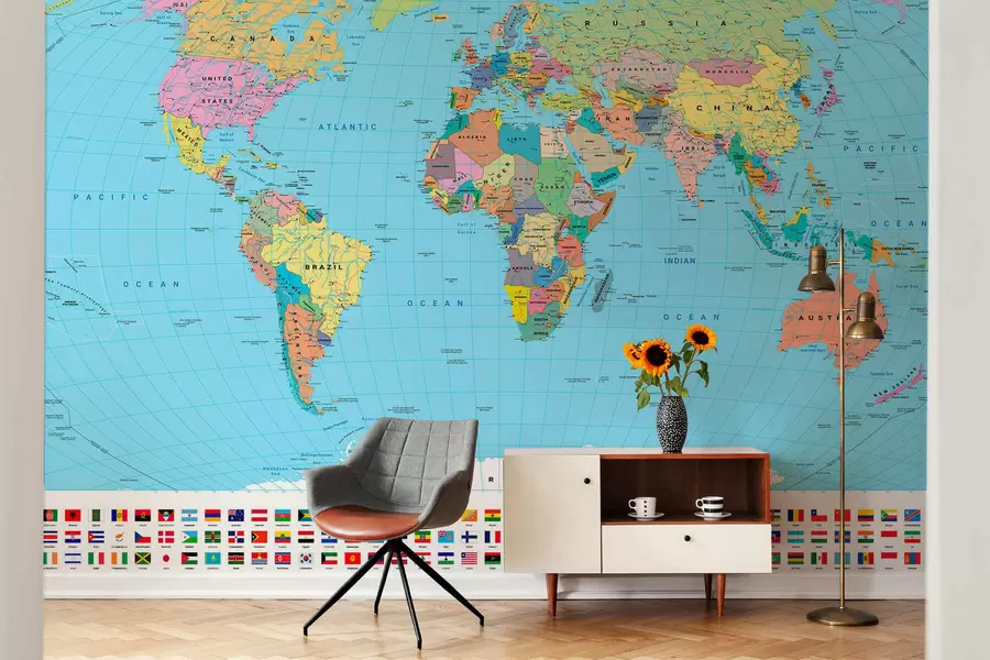 murais de parede Um mapa político do mundo colorido com bandeiras, em inglês c00004en
