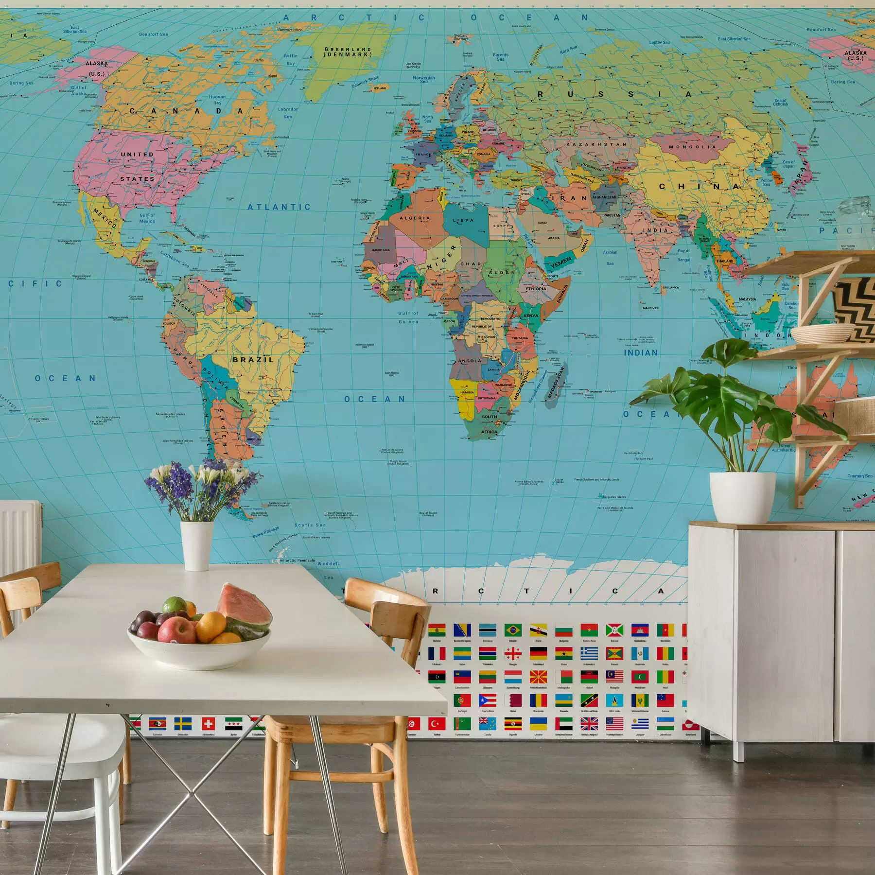 murais de parede Um mapa político do mundo colorido com bandeiras, em inglês c00004en