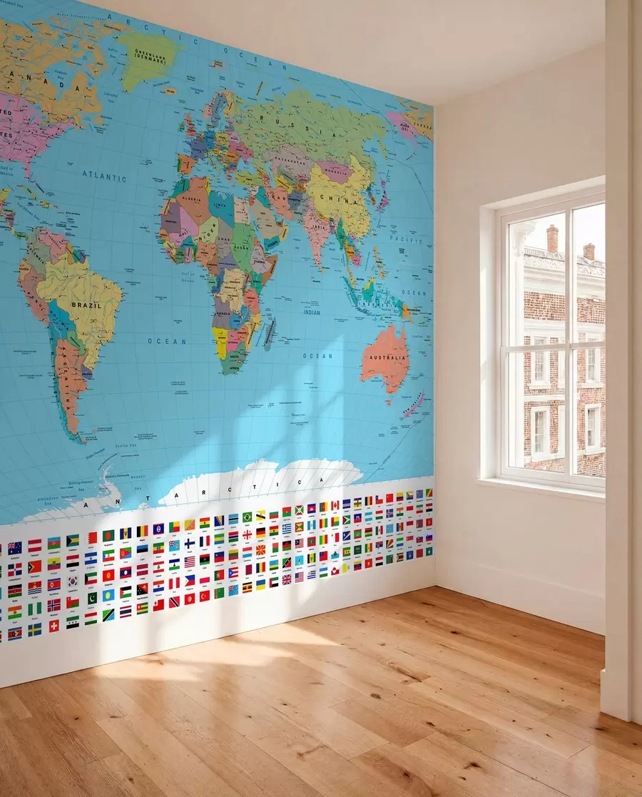 murais de parede Um mapa político do mundo colorido com bandeiras, em inglês c00004en
