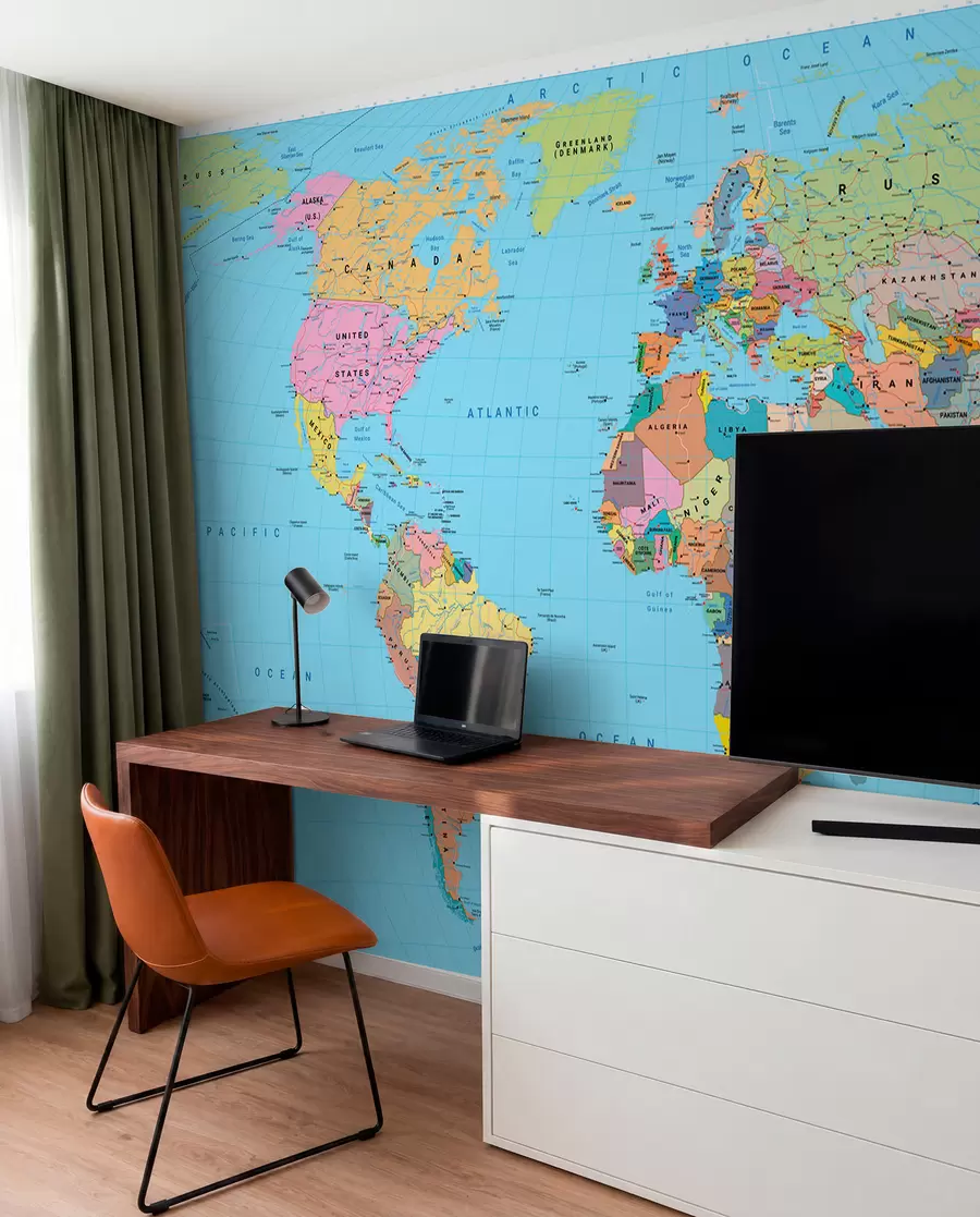murais de parede Um mapa político do mundo colorido com bandeiras, em inglês c00004en