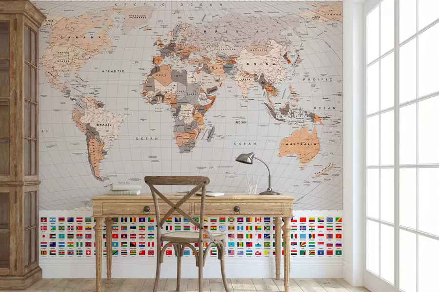 murais de parede Um mapa político do mundo com bandeiras em tons de marrom e bege, em inglês c00004env2