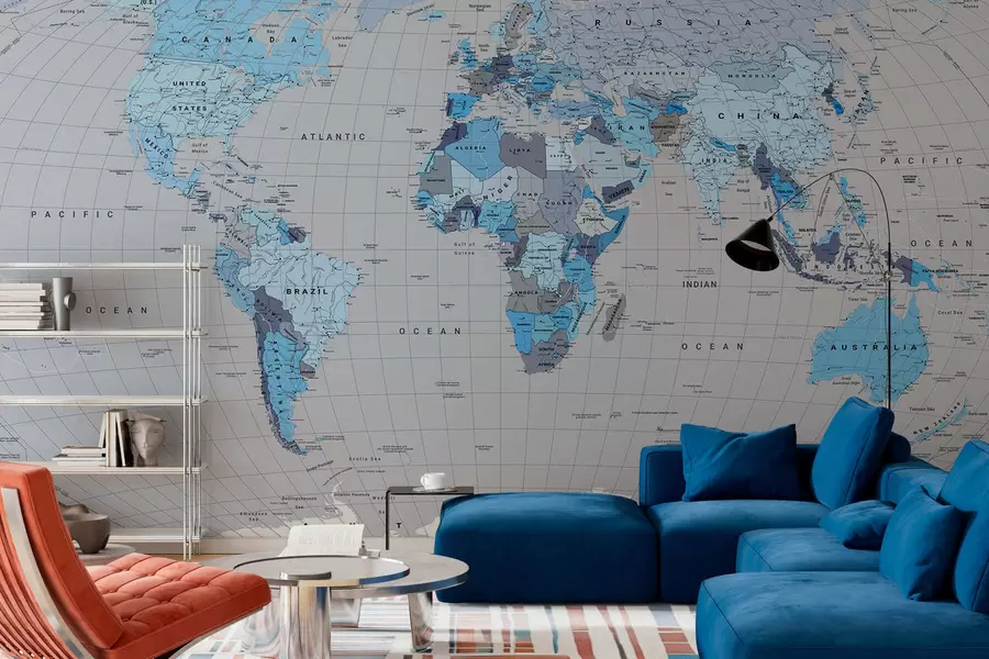 murais de parede Um mapa político do mundo com bandeiras em tons de azul, em inglês c00004env3