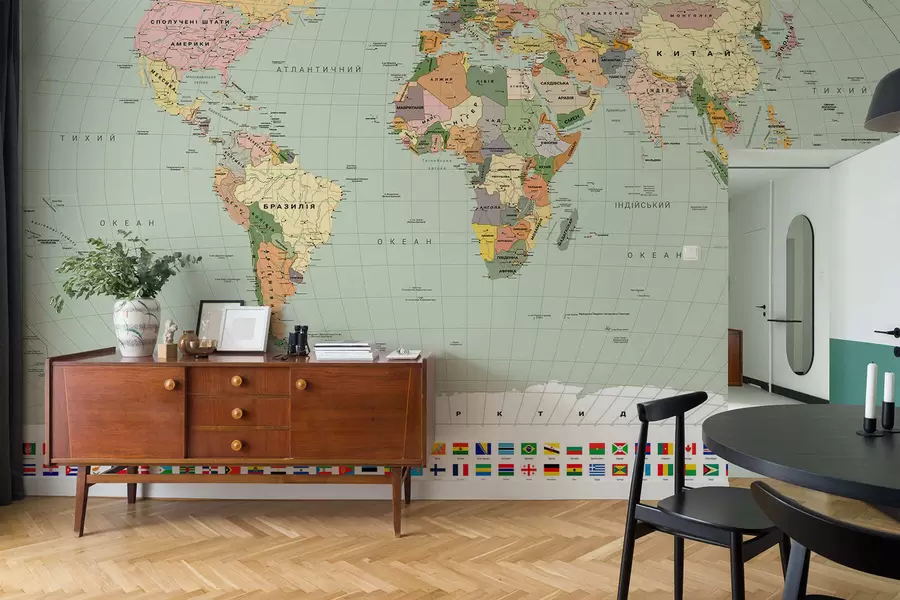 murais de parede Um mapa político colorido do mundo com bandeiras, em ucraniano c00004ukv1