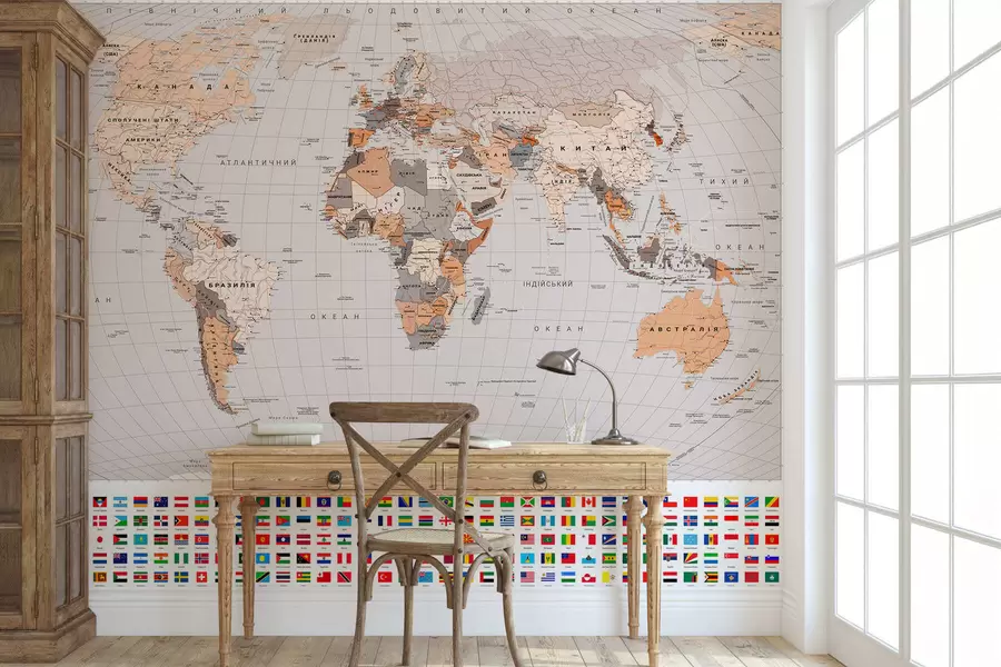 murais de parede Um mapa político do mundo com bandeiras em tons de marrom e bege, em ucraniano c00004ukv2