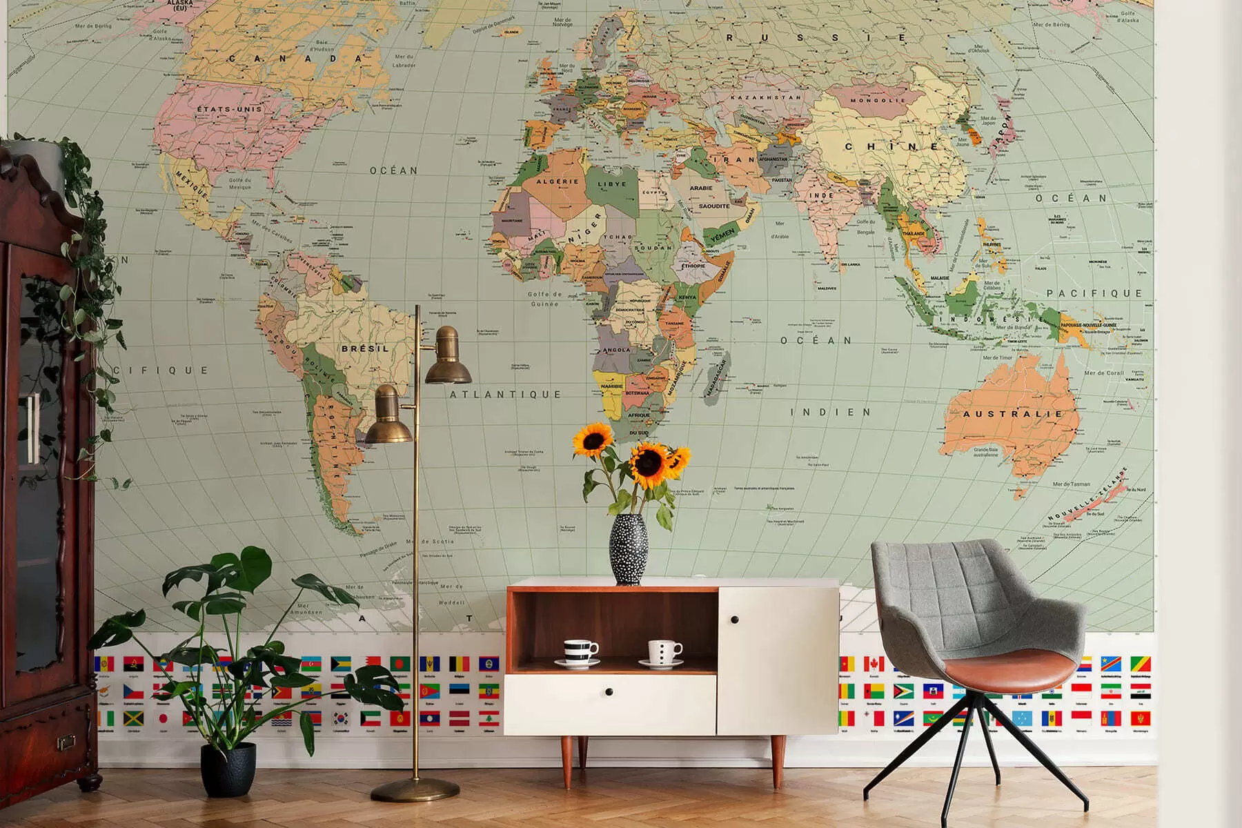 murais de parede Um mapa político colorido do mundo com bandeiras, em francês c00004frv1