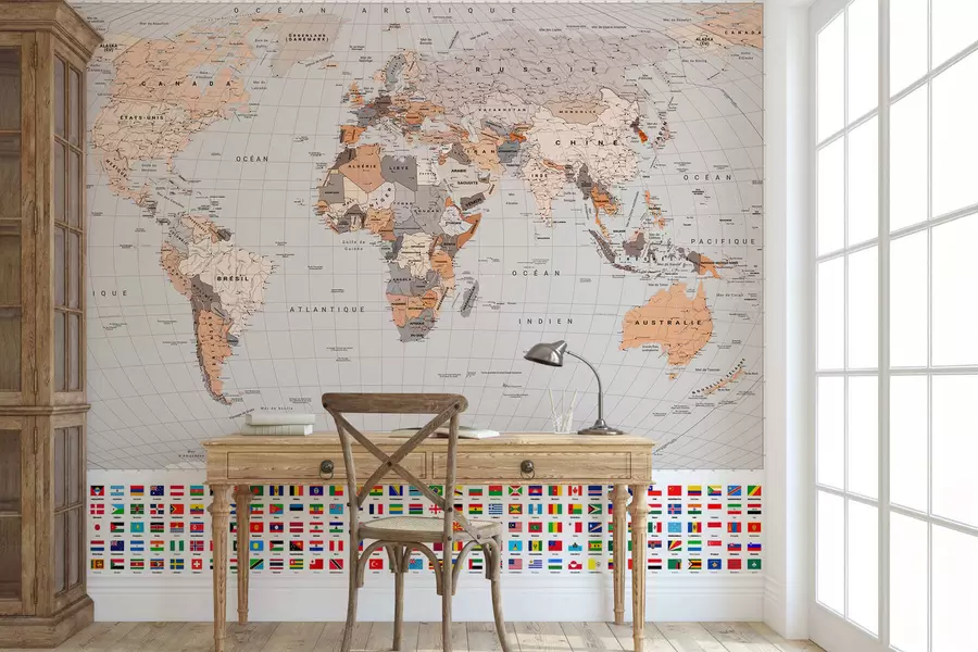 murais de parede Um mapa político do mundo com bandeiras em tons de marrom e bege, em francês c00004frv2