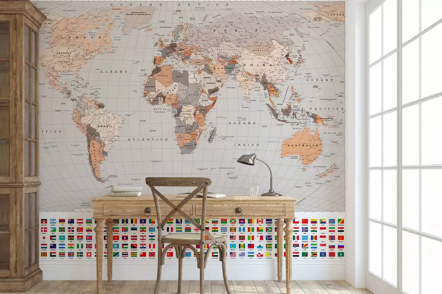 murais de parede Um mapa político do mundo com bandeiras em tons de marrom e bege, em espanhol c00004esv2