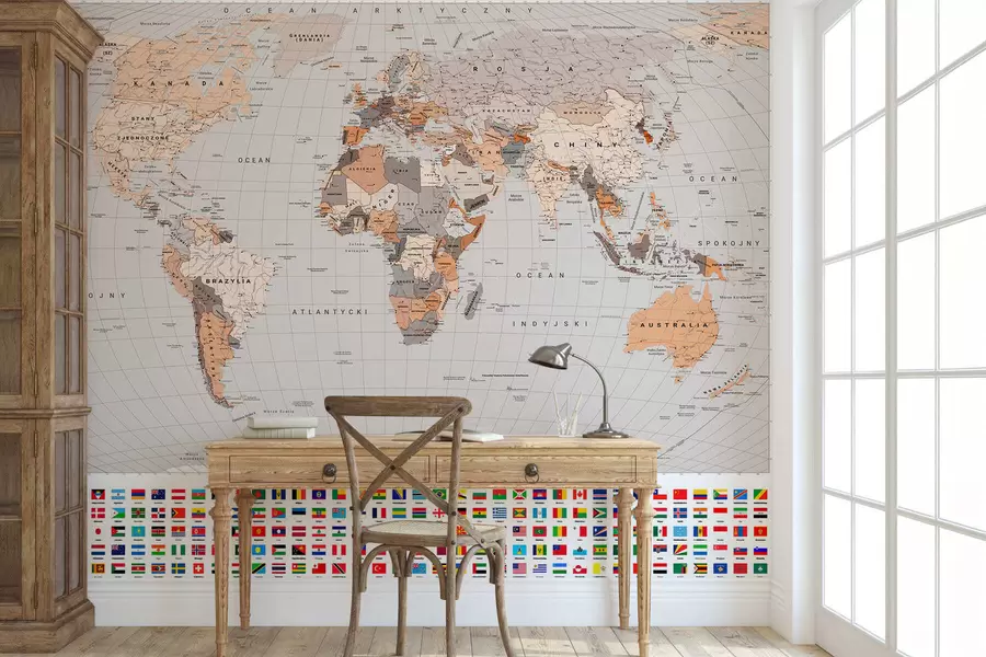 murais de parede Um mapa político do mundo com bandeiras em tons de marrom e bege. Em polonês c00004plv2