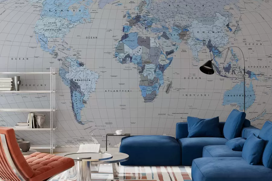 murais de parede Um mapa político do mundo com bandeiras em tons de azul. Em polonês c00004plv3