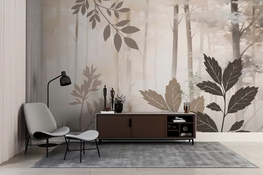 murais de parede Silhuetas da vegetação tendo como pano de fundo uma floresta abstrata w05586