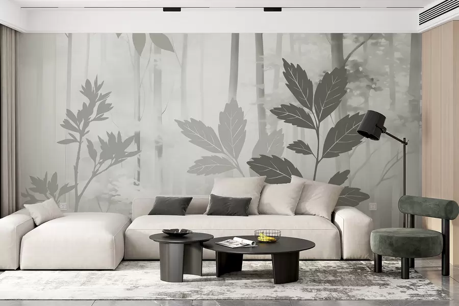 murais de parede Silhuetas da vegetação tendo como pano de fundo uma floresta abstrata w05586v1