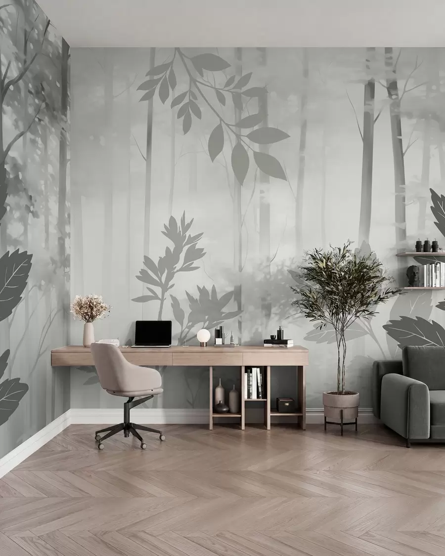 murais de parede Silhuetas da vegetação tendo como pano de fundo uma floresta abstrata w05586v1