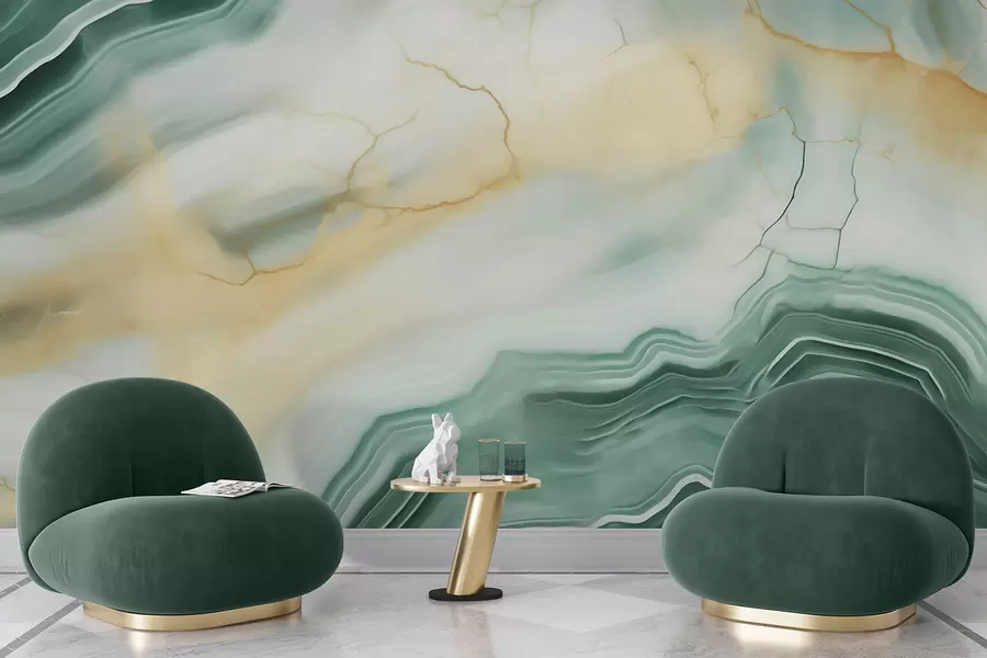 murais de parede Imitacão de um padrão abstrato de textura de mármore, em tons de verde e amarelo w05587