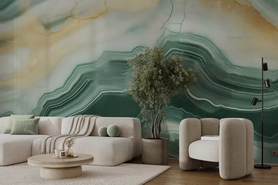 murais de parede Imitacão de um padrão abstrato de textura de mármore, em tons de verde e amarelo w05587