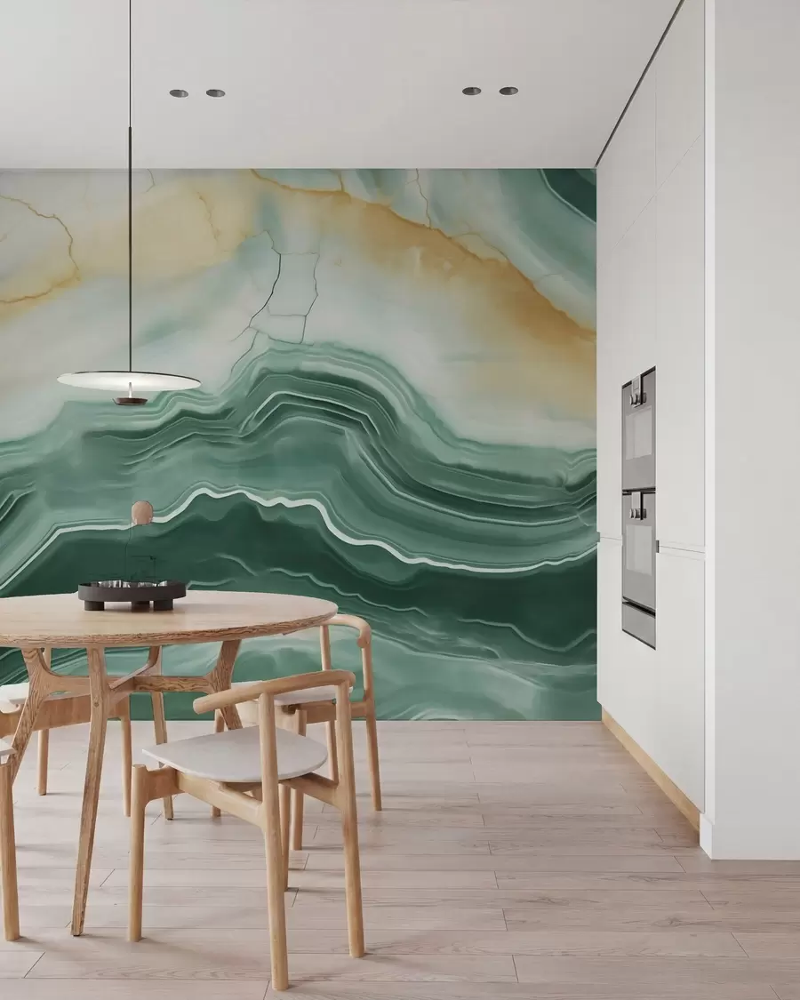 murais de parede Imitacão de um padrão abstrato de textura de mármore, em tons de verde e amarelo w05587