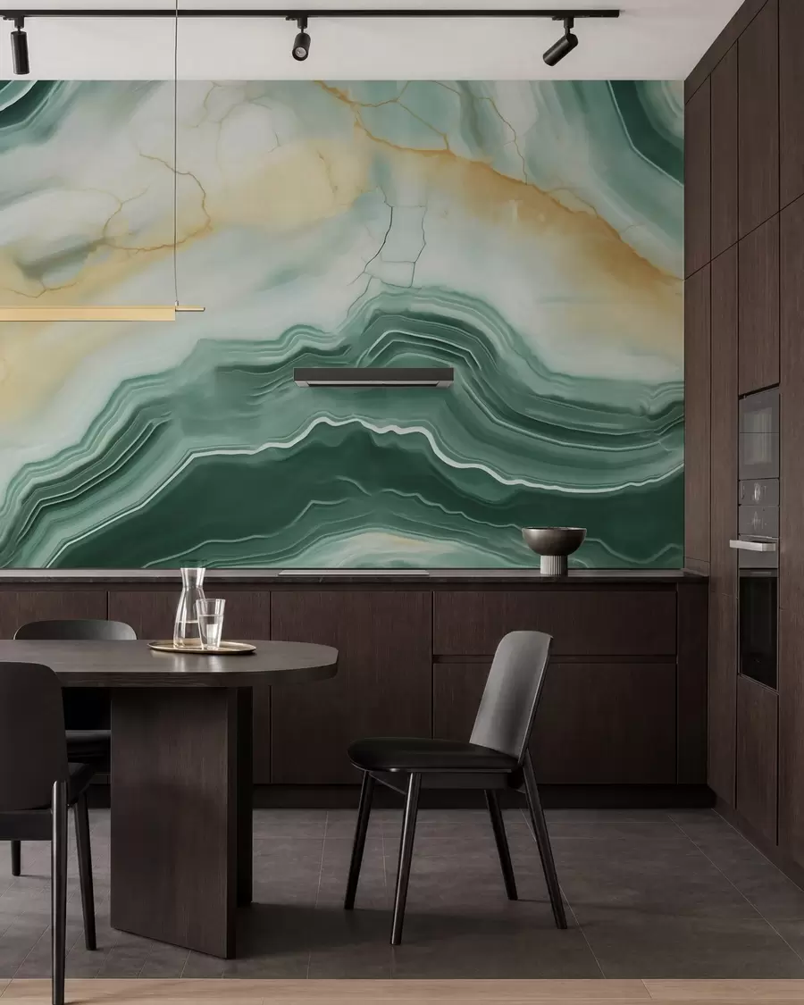 murais de parede Imitacão de um padrão abstrato de textura de mármore, em tons de verde e amarelo w05587