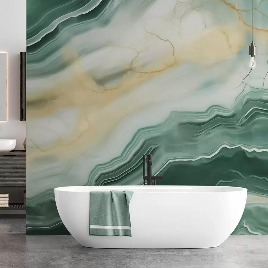 murais de parede Imitacão de um padrão abstrato de textura de mármore, em tons de verde e amarelo w05587