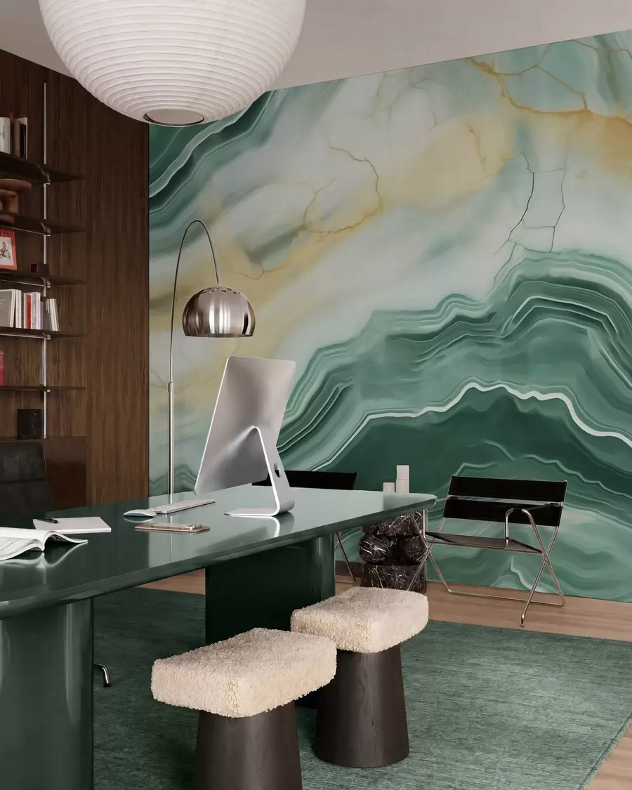 murais de parede Imitacão de um padrão abstrato de textura de mármore, em tons de verde e amarelo w05587
