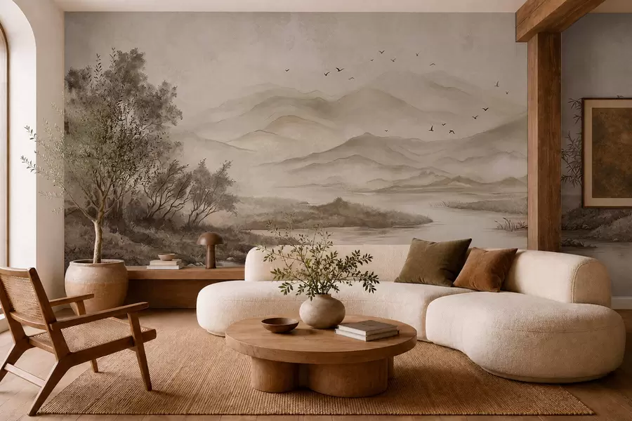 murais de parede Paisagem montanhosa enevoada com rio e pássaros w05535