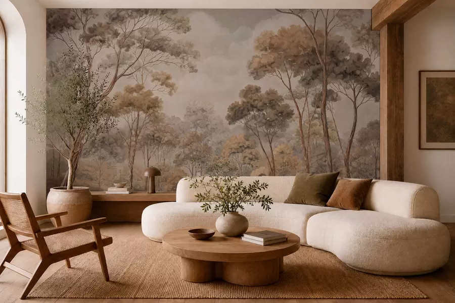 murais de parede Paisagem florestal acolhedora em tons naturais w05624v2