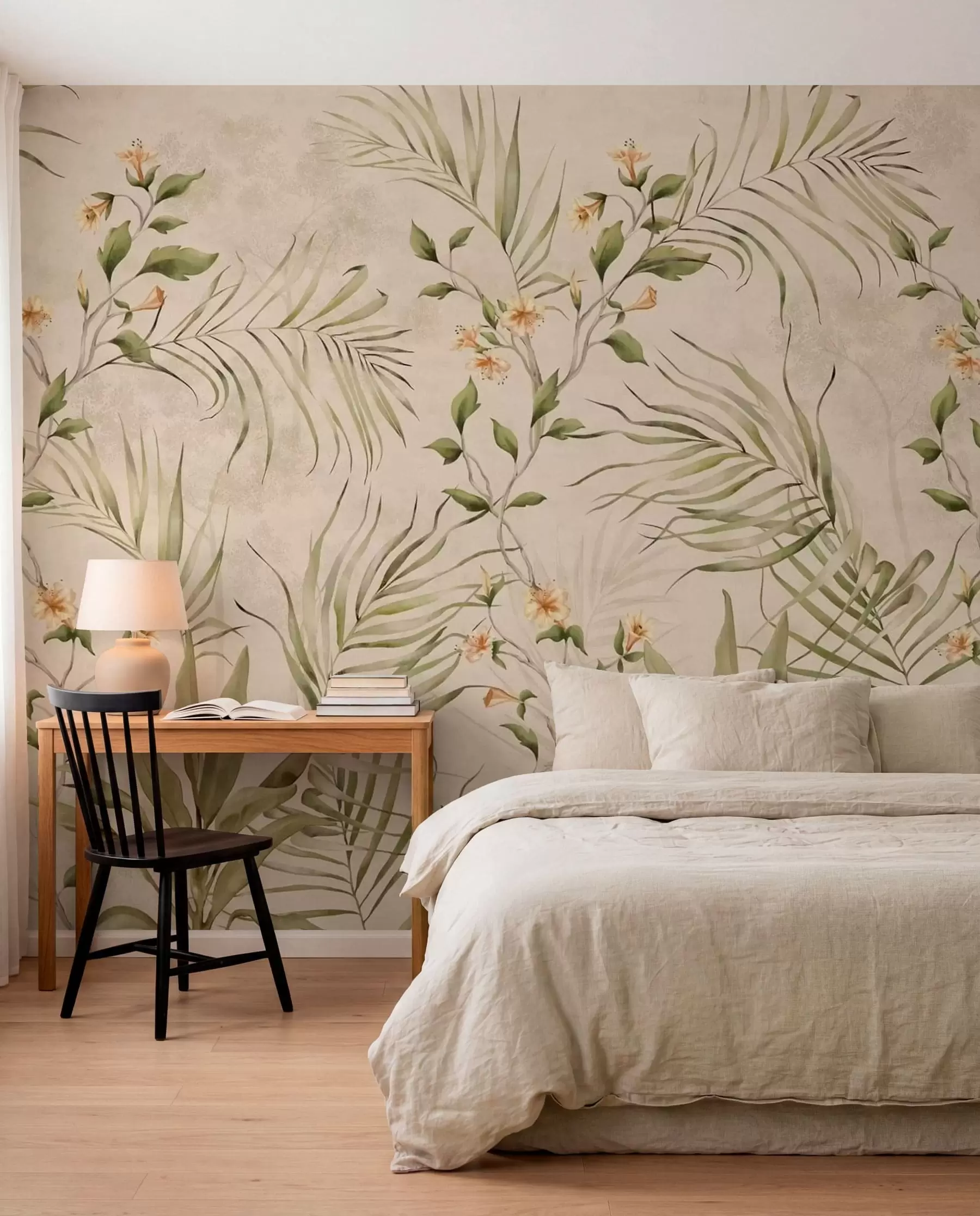 murais de parede Folhas tropicais e flores delicadas sobre fundo bege w05625