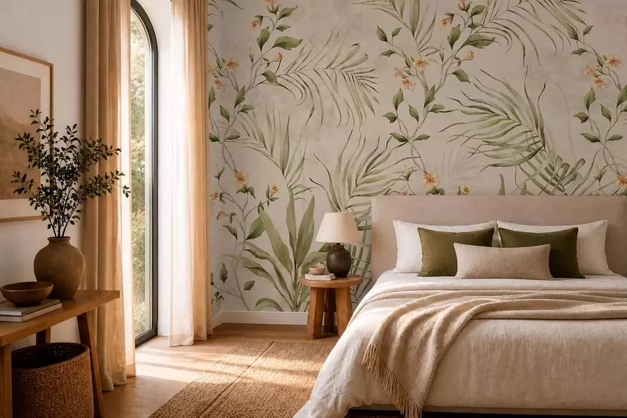 murais de parede Folhas tropicais e flores delicadas sobre fundo bege w05625