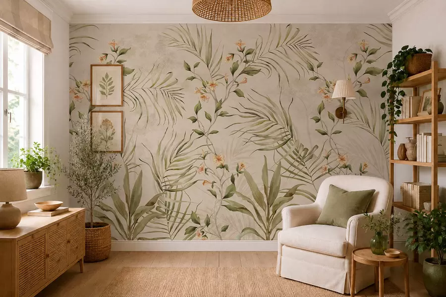 murais de parede Folhas tropicais e flores delicadas sobre fundo bege w05625