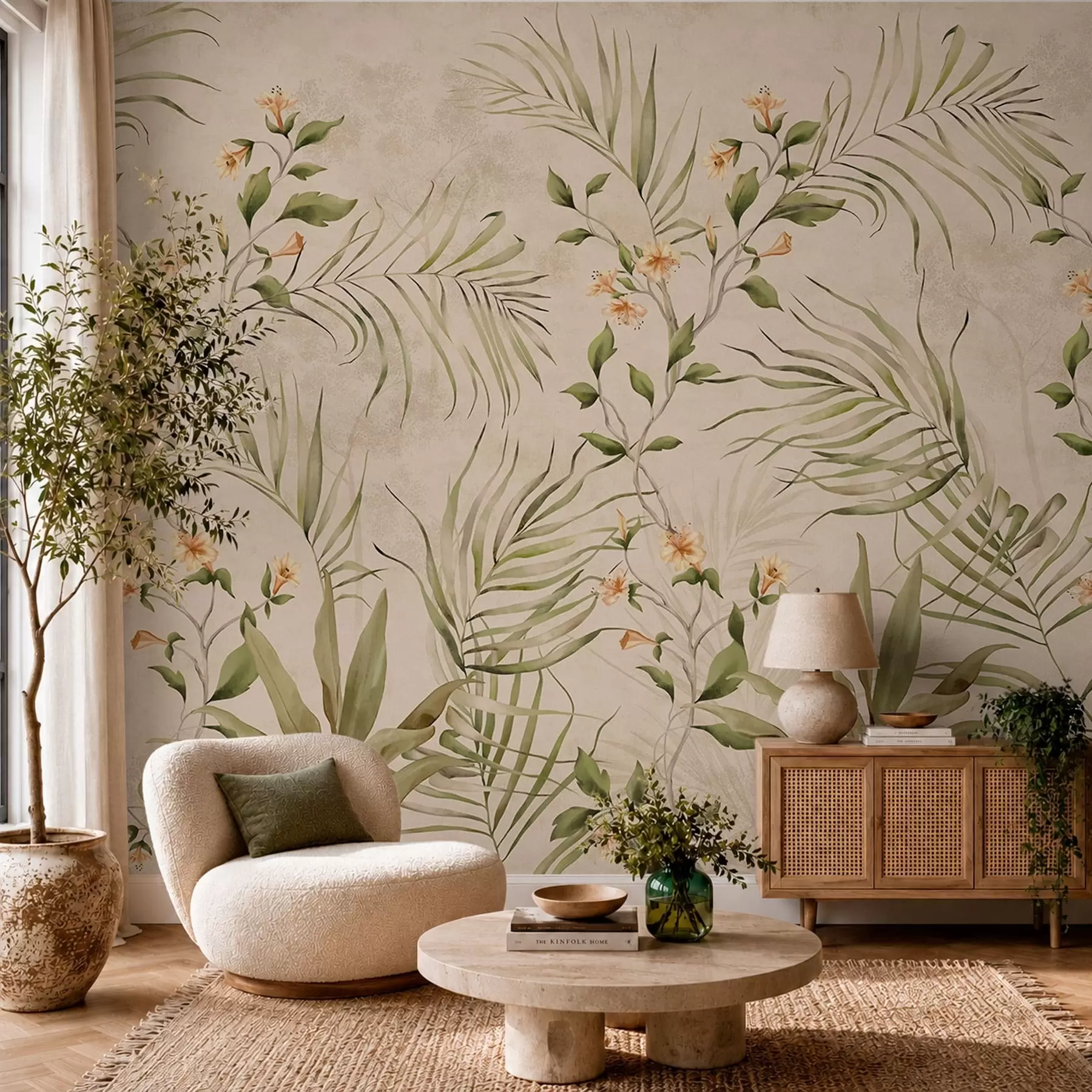 murais de parede Folhas tropicais e flores delicadas sobre fundo bege w05625