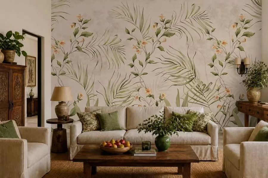 murais de parede Folhas tropicais e flores delicadas sobre fundo bege w05625