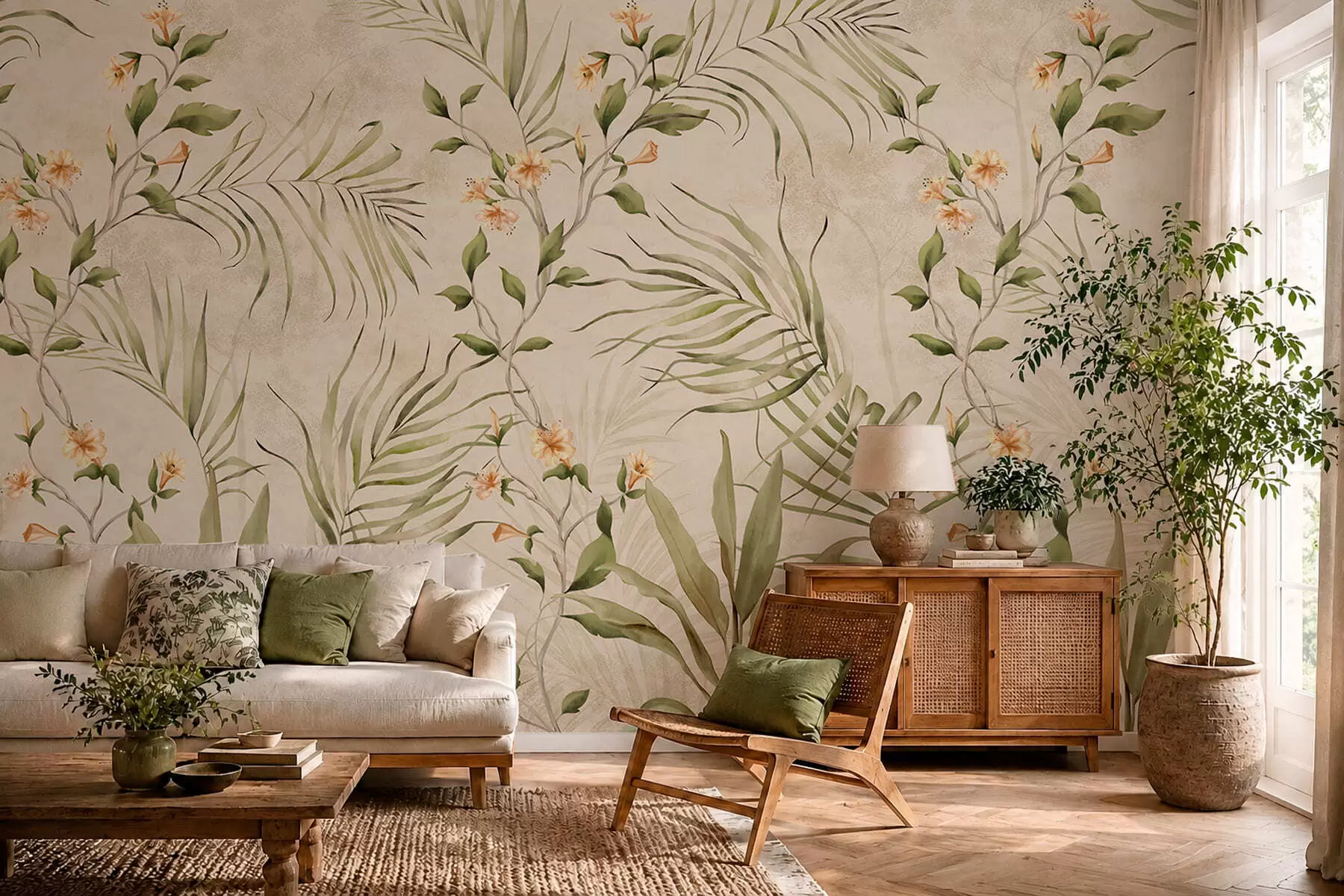 murais de parede Folhas tropicais e flores delicadas sobre fundo bege w05625