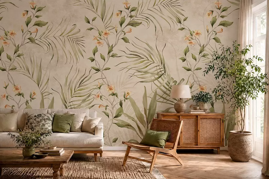 murais de parede Folhas tropicais e flores delicadas sobre fundo bege w05625