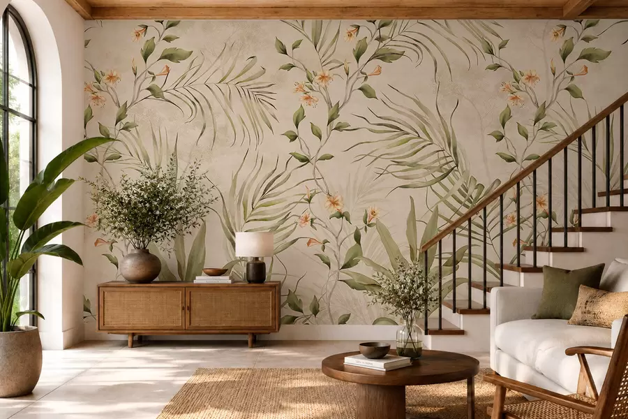murais de parede Folhas tropicais e flores delicadas sobre fundo bege w05625