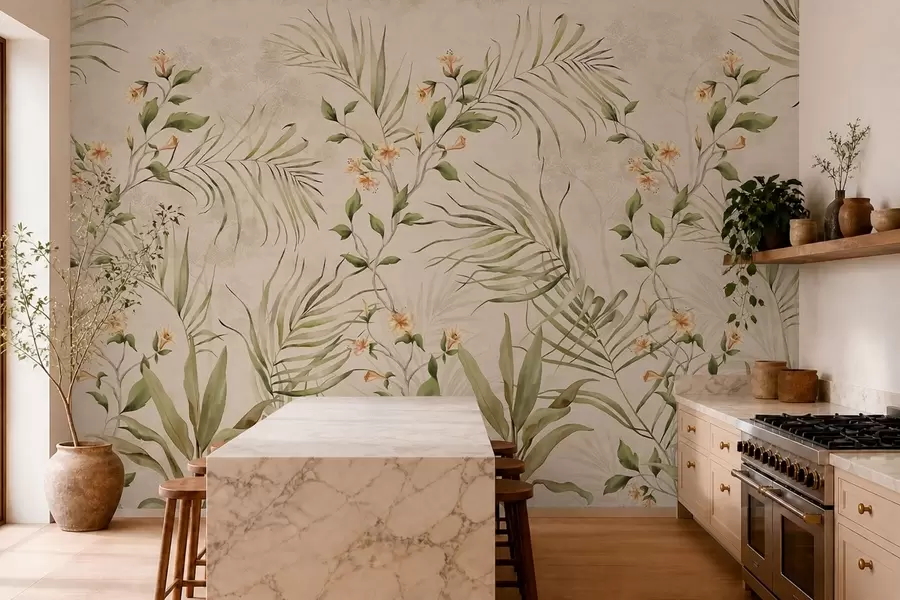 murais de parede Folhas tropicais e flores delicadas sobre fundo bege w05625