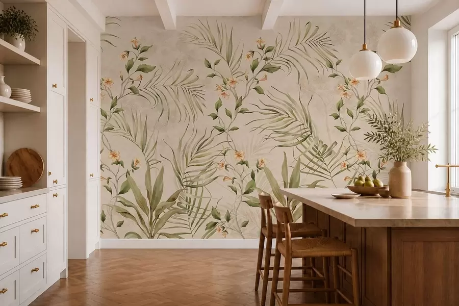 murais de parede Folhas tropicais e flores delicadas sobre fundo bege w05625