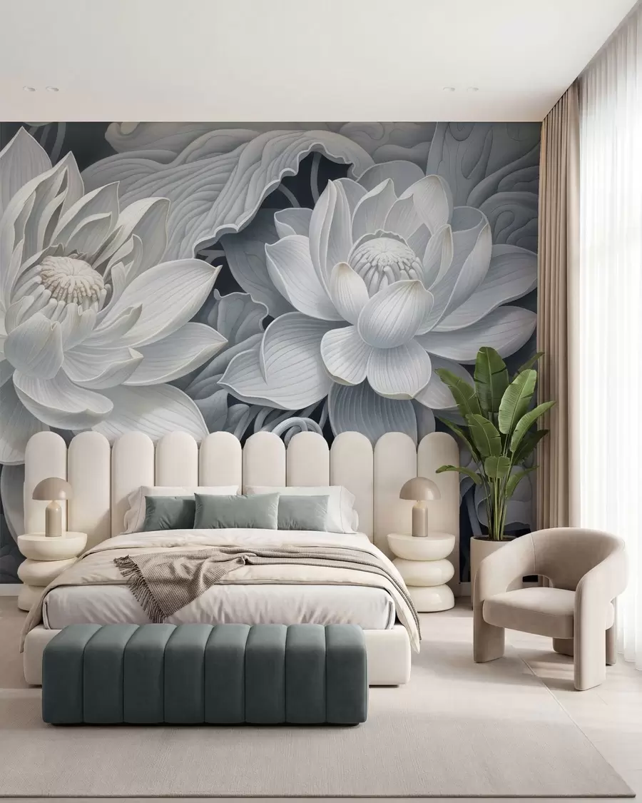 murais de parede Flores de lótus em estilo vintage, com suaves tons sépia e pétalas detalhadas; ilustração botânica artística w05494