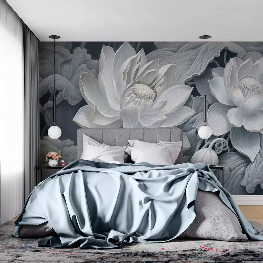 murais de parede Flores de lótus em estilo vintage, com suaves tons sépia e pétalas detalhadas; ilustração botânica artística w05494