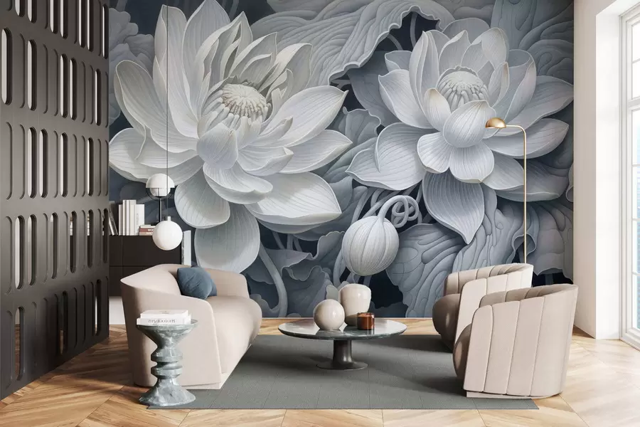 murais de parede Flores de lótus em estilo vintage, com suaves tons sépia e pétalas detalhadas; ilustração botânica artística w05494