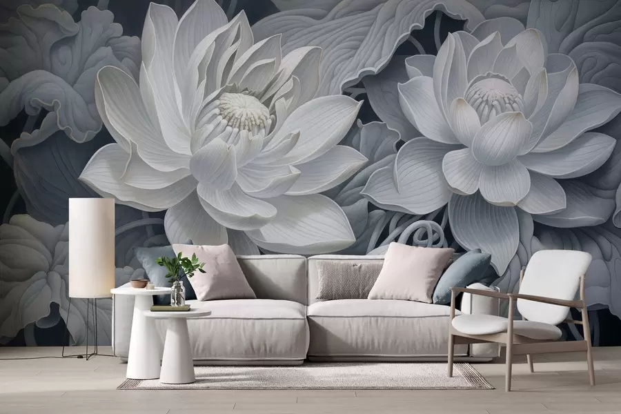 murais de parede Flores de lótus em estilo vintage, com suaves tons sépia e pétalas detalhadas; ilustração botânica artística w05494