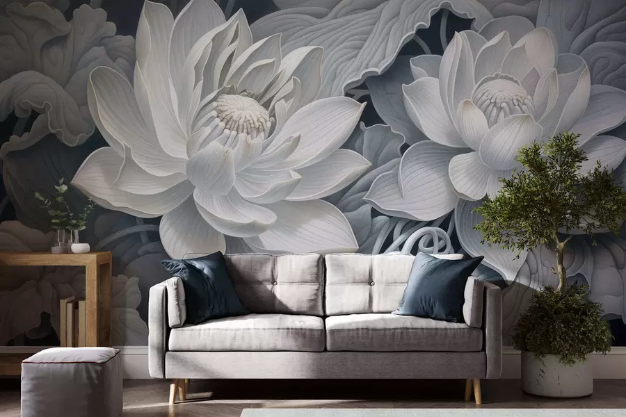 murais de parede Flores de lótus em estilo vintage, com suaves tons sépia e pétalas detalhadas; ilustração botânica artística w05494