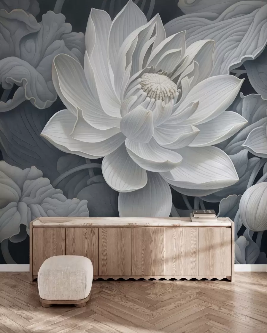 murais de parede Flores de lótus em estilo vintage, com suaves tons sépia e pétalas detalhadas; ilustração botânica artística w05494
