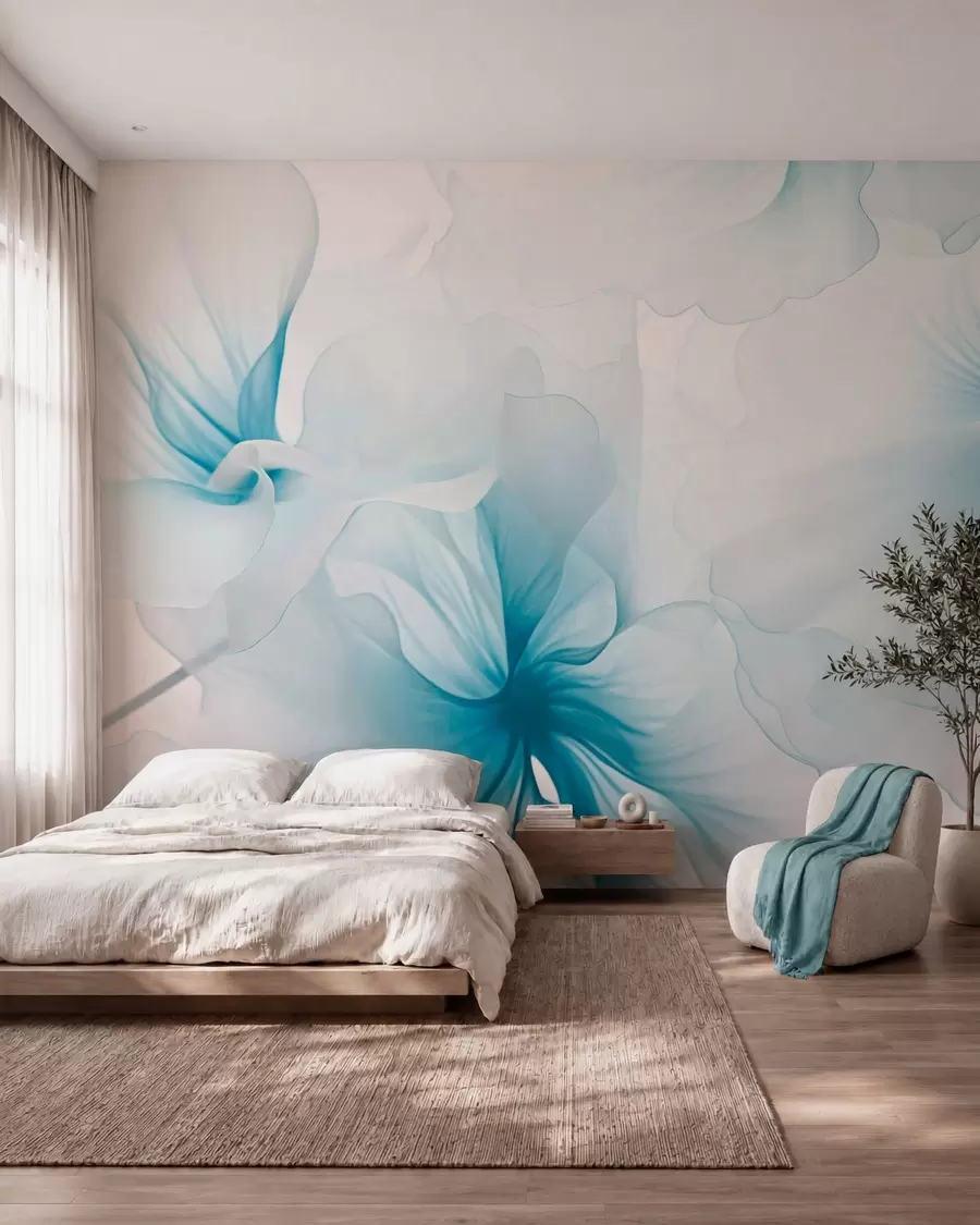 murais de parede Flores em tons suaves, com pétalas leves e translúcidas em estilo aquarela, numa elegante composição floral w05360v2