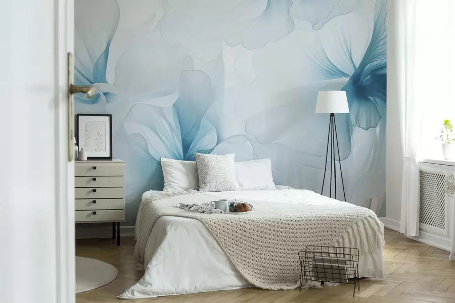 murais de parede Flores em tons suaves, com pétalas leves e translúcidas em estilo aquarela, numa elegante composição floral w05360v2