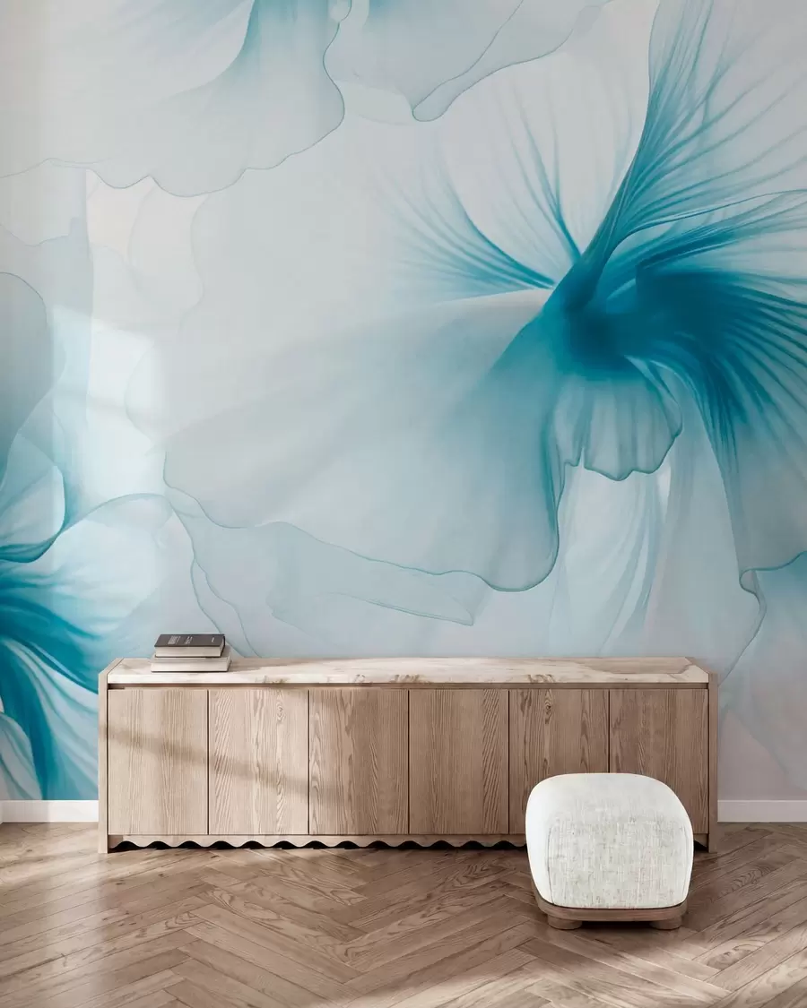 murais de parede Flores em tons suaves, com pétalas leves e translúcidas em estilo aquarela, numa elegante composição floral w05360v2