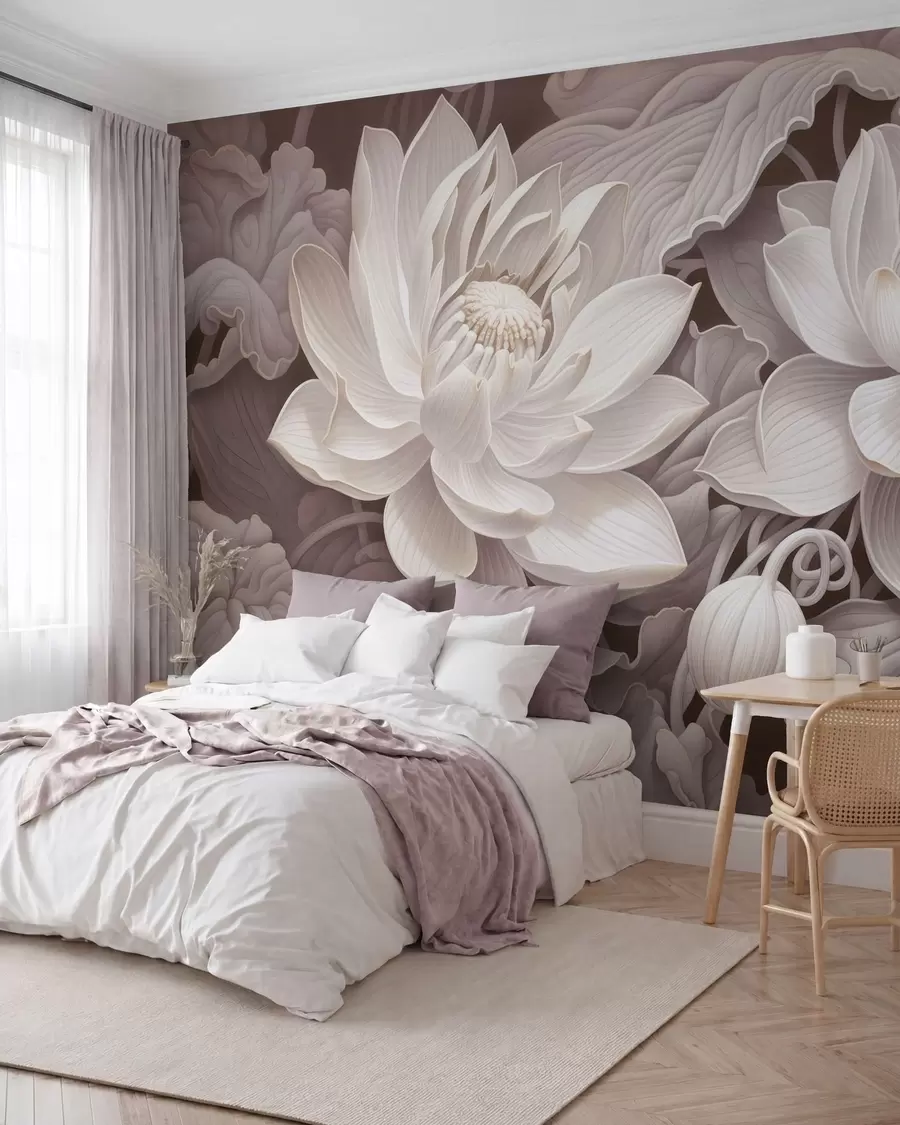 murais de parede Flores de lótus em estilo vintage, com suaves tons sépia e pétalas detalhadas; ilustração botânica artística w05494v1