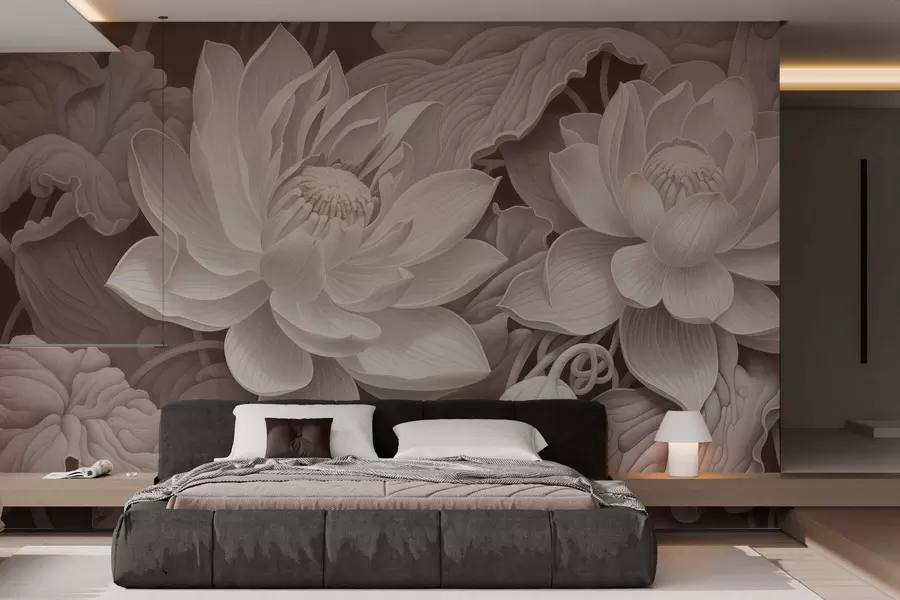 murais de parede Flores de lótus em estilo vintage, com suaves tons sépia e pétalas detalhadas; ilustração botânica artística w05494v1