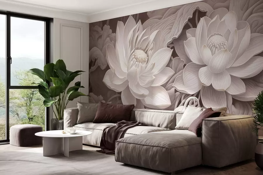 murais de parede Flores de lótus em estilo vintage, com suaves tons sépia e pétalas detalhadas; ilustração botânica artística w05494v1