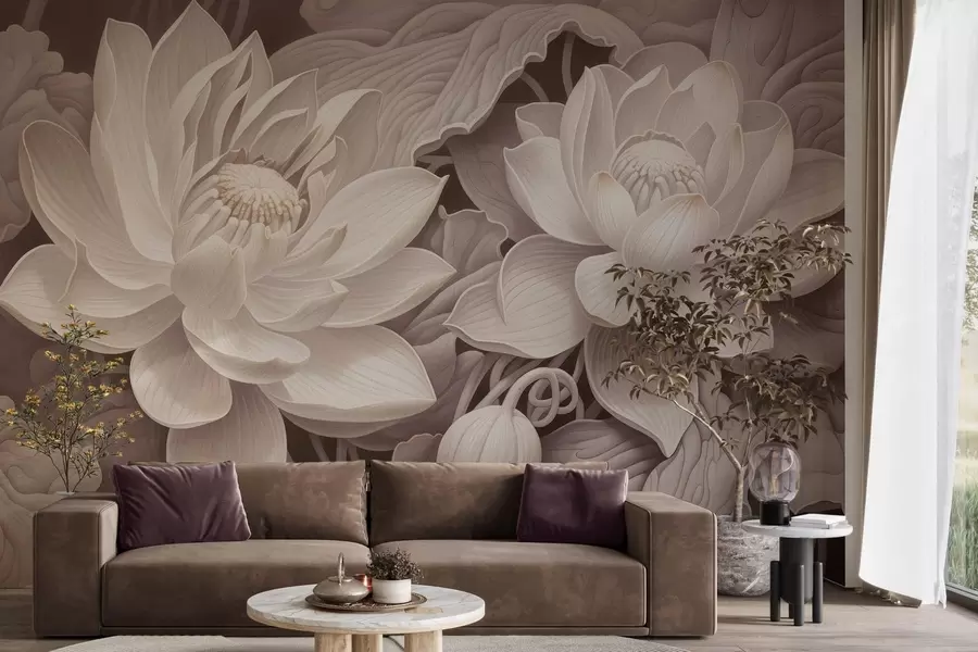 murais de parede Flores de lótus em estilo vintage, com suaves tons sépia e pétalas detalhadas; ilustração botânica artística w05494v1