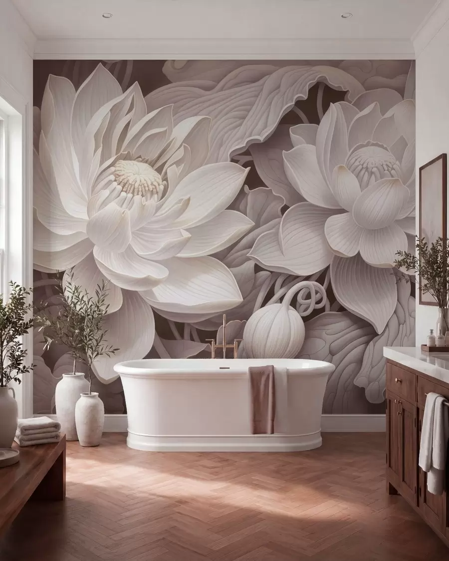 murais de parede Flores de lótus em estilo vintage, com suaves tons sépia e pétalas detalhadas; ilustração botânica artística w05494v1