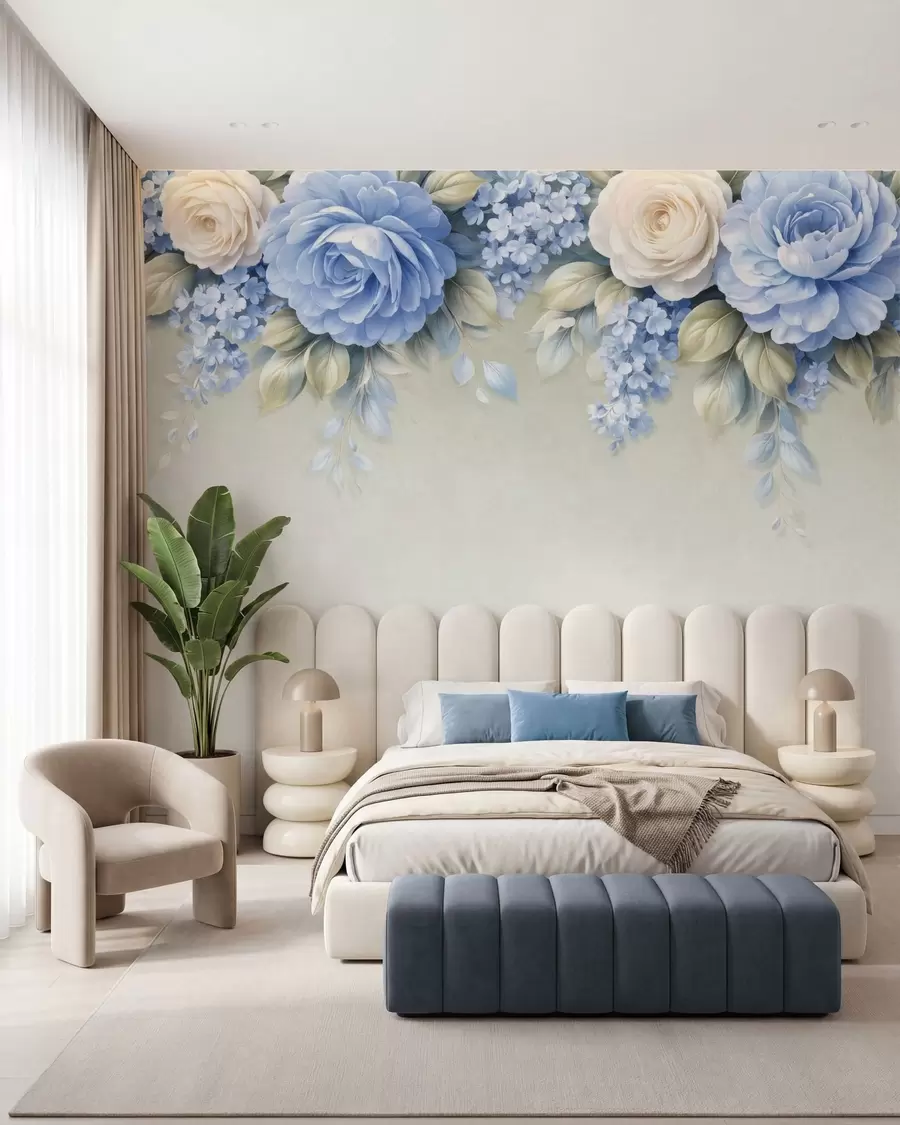 murais de parede Rosas delicadas e arranjos florais em uma composição botânica inspirada na porcelana, com pétalas suaves dispostas em camadas e folhas elegantes e esvoaçantes w05495